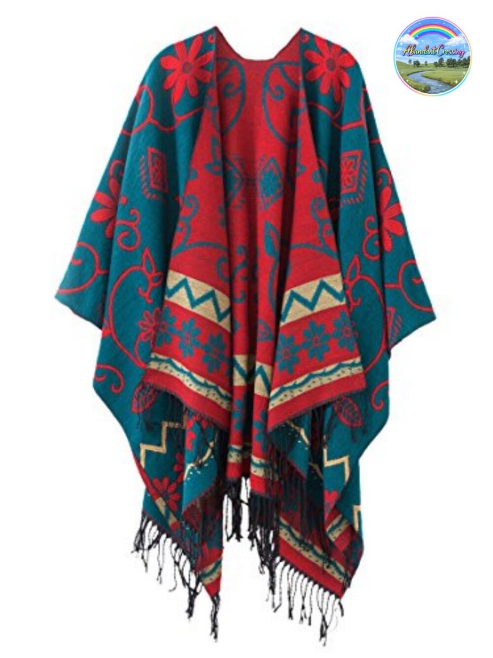 Women's Retro Vintage Pattern Tassel Poncho Shawl Cape Wrap
